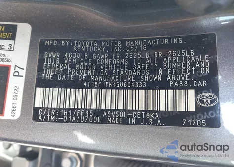 2016 Toyota Camry Se из США, поврежденный, VIN 4T1BF1FK4GU604333